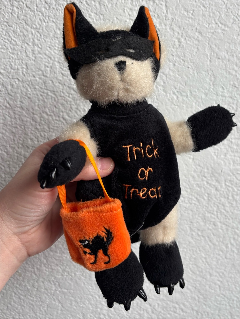 Vintage HUGFUN Trick or Treat Black Orange Cat Plush Toy Halloween Spooky